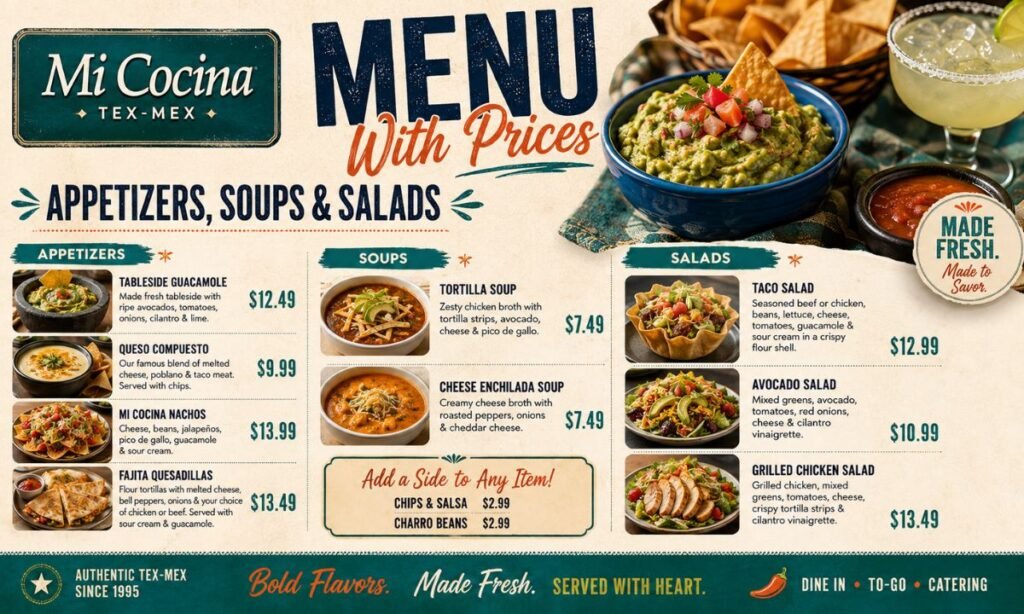 Mi Cocina Menu With Prices Appetizers, Soups & Salads